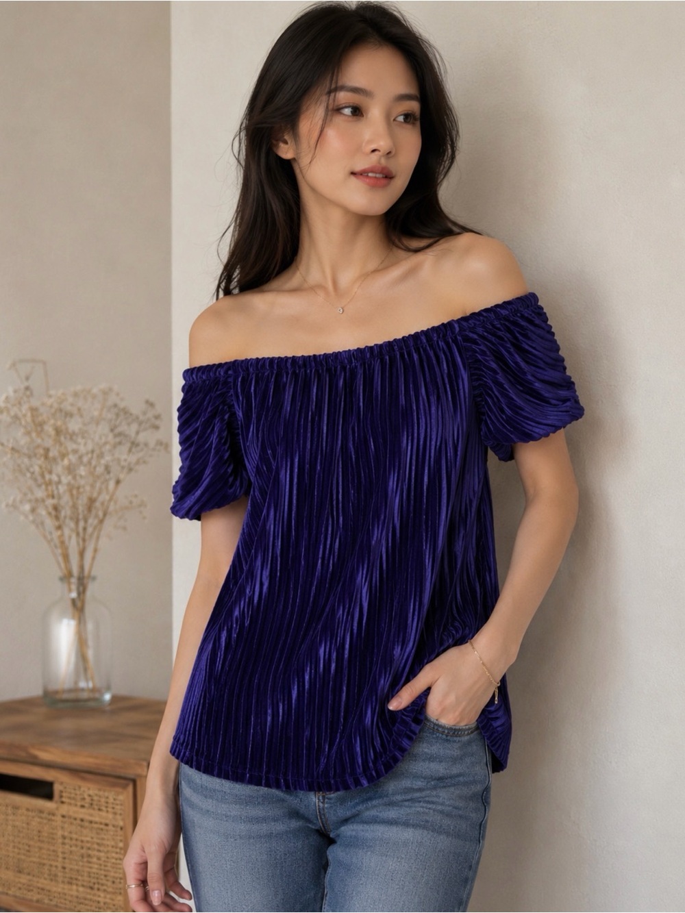 Sanctuary Off-Shoulder Pleated Velvet Top in Royal Purple